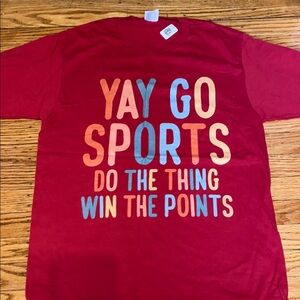 Red Graphic Tee with Fun Sports Slogan size medium never worn